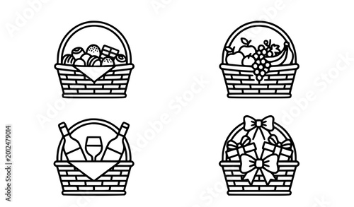 Gift basket icon set black and white hamper vector collection