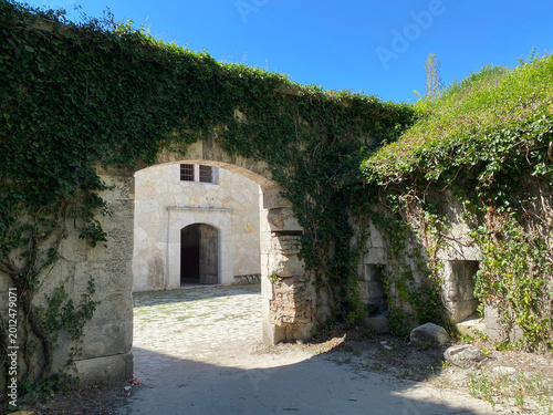 Ivy-Covered Stone Archway leading to a Courtyard