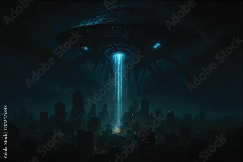 Canvastavla Alien ship invading night city digital art style, illustration