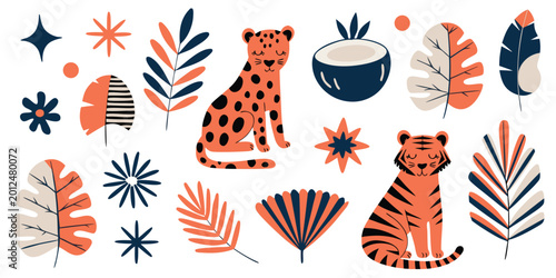 Canvas Print Cute wild cats and tropical botanical elements collection in flat graphic style