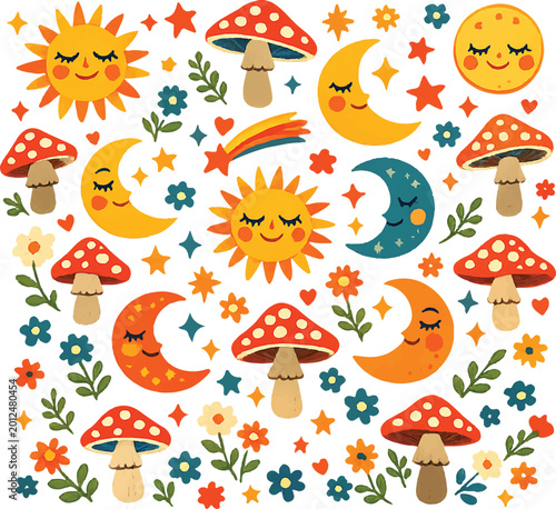 Retro celestial pattern with smiling sun and moon characters, vintage hippie mushroom and flower vector, whimsical boho sky background