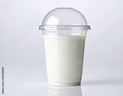 Tall, clear plastic cup with a dome lid, filled with a creamy white beverage