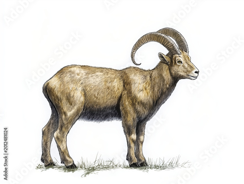 Majestic alpine mammal illustration on clean white background, showcasing detailed fur texture and magnificent curved horns, capturing the strength and wild beauty of mountain wildlife. Perfect for ed