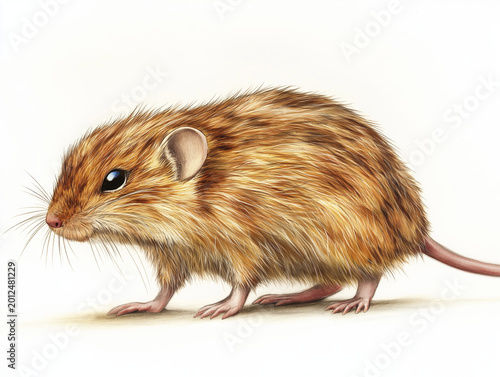 Detailed illustration of a small, furry shrew with brown and tawny fur, large dark eyes, delicate whiskers, and visible small ears, depicted in a realistic style on a pristine white background with su