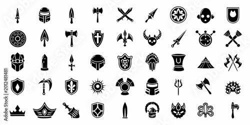 Tableau sur toile Fantasy Weapon and Shield Icons Black and White Silhouette Set