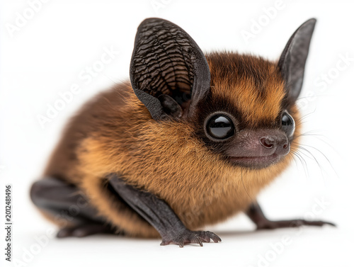Charming Small Terrestrial Bat with Large Eyes and Textured Ears, Displaying Gentle Curiosity on a Pure White Background, Perfect for Wildlife and Nature Educational Themes