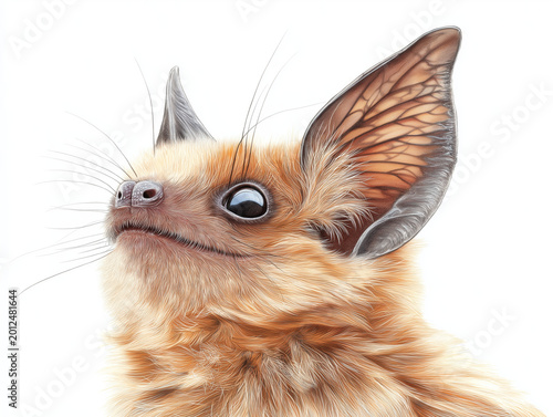 Enchanting Close-Up of a Whiskered Bat (Myotis mystacinus) with Detailed Fur and Striking Large Ears Against a Pristine White Background, Highlighting Its Delicate Features and Curious Gaze