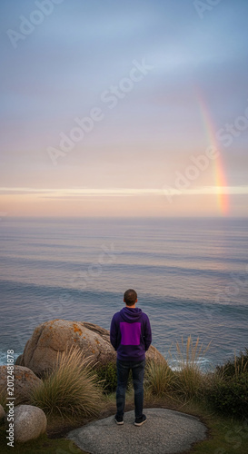 Back view of person looking at ocean and rainbow, representing hope, reflection, and inspiration, suitable for travel or inspirational concepts