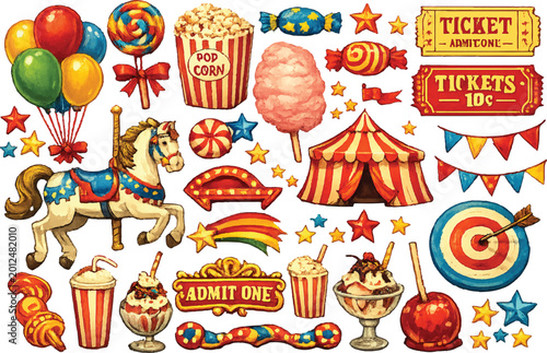 Vintage carnival clip art set, retro circus fair elements vector collection, amusement park snacks and carousel horse illustrations
