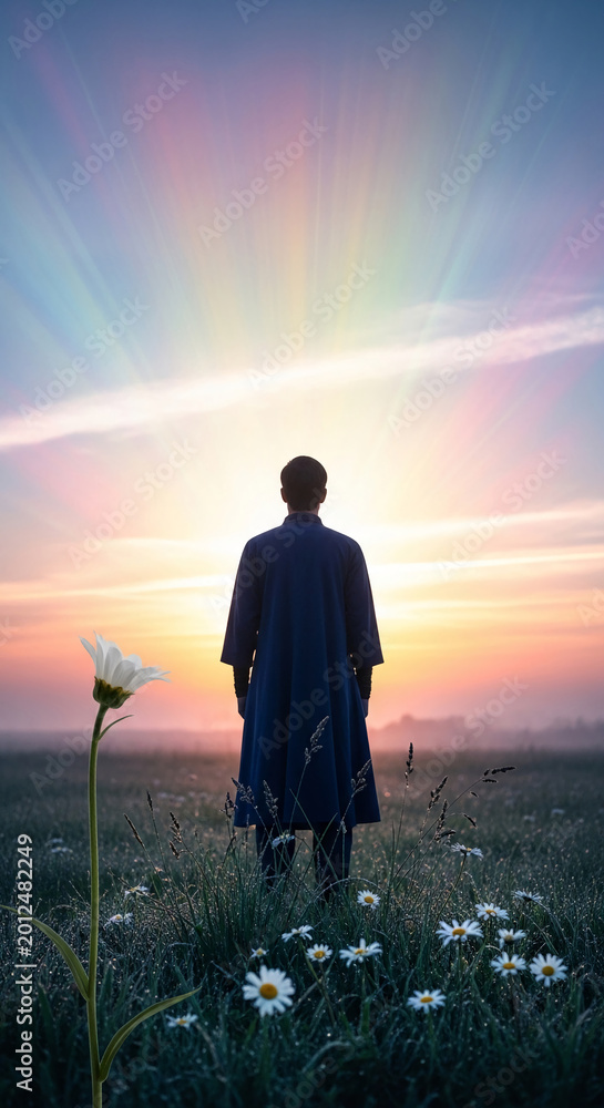 Naklejka premium Back view of person in field with daisy flowers, gazing at colorful sunset sky with radiating light, embodying introspection and serenity