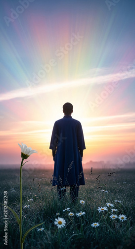 Back view of person in field with daisy flowers, gazing at colorful sunset sky with radiating light, embodying introspection and serenity