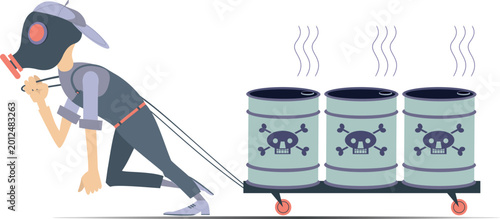 Worker in the gas mask drags a cart with toxic agent 