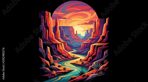 Vibrant canyon landscape with winding river and sunset
