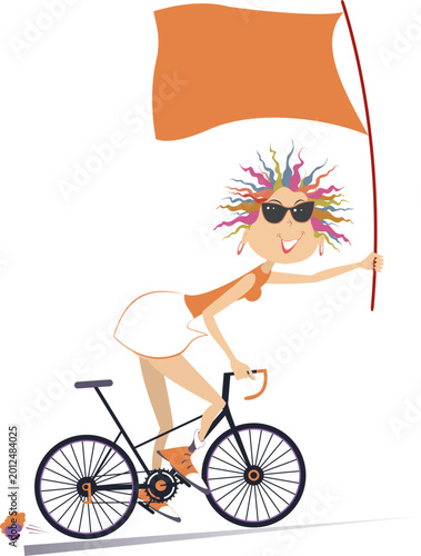 Flag in the hand of the cycling woman
