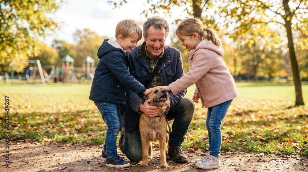 Fototapeta premium Heartwarming encounter: Children meeting a friendly dog and its owner at a sunny public park playground.