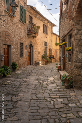 Narrow street in Castellina in Chianti town, Tuscany, Italy
