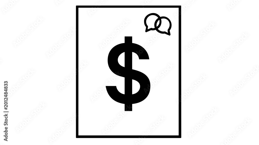 Naklejka premium Minimalist vector icon illustration of a financial document featuring a bold dollar sign and speech bubble symbols, representing a price quote, financial consultation, or business proposal.