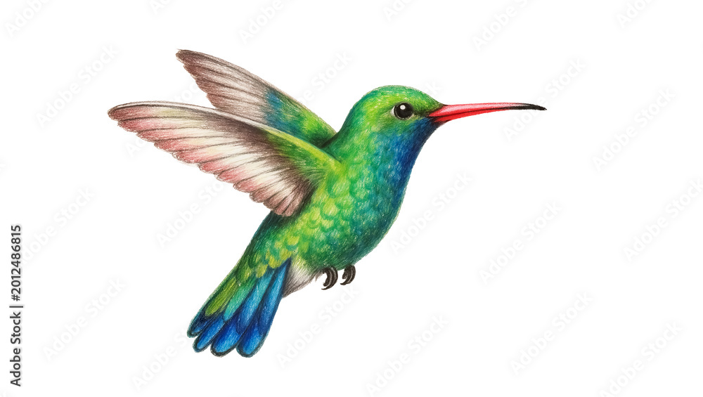 Fototapeta premium Vibrant green hummingbird with red beak wings spread, isolated on transparent background