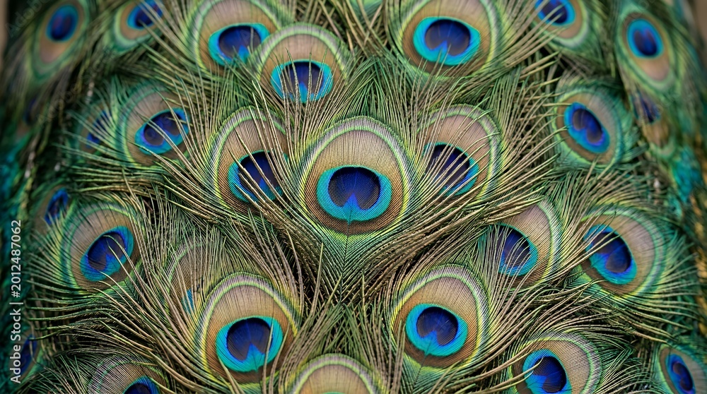 Fototapeta premium Vibrant peacock feathers with blue eyespots.
