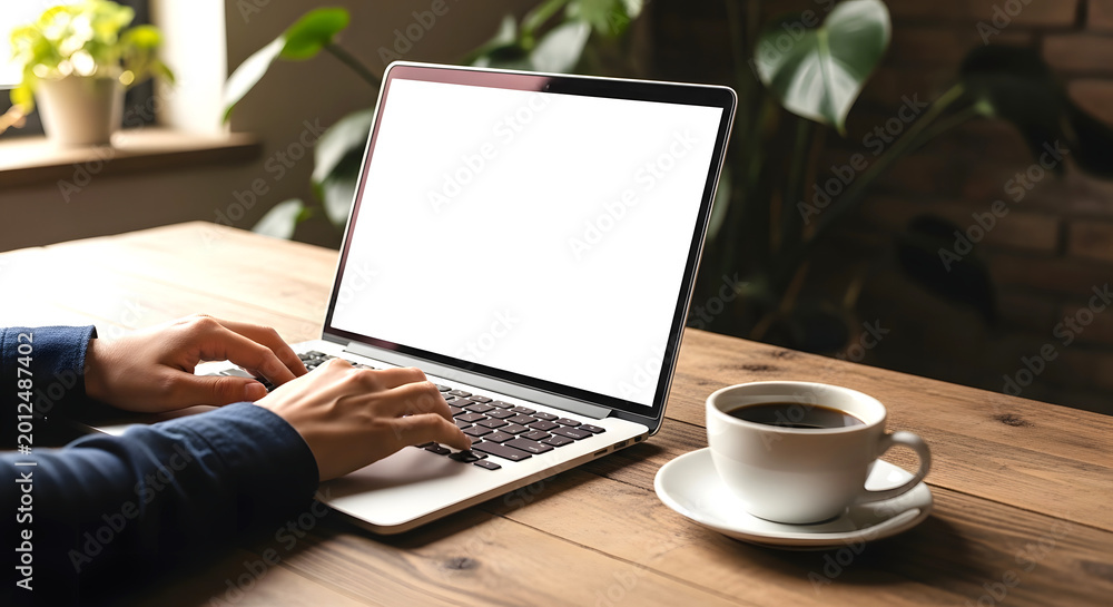 Fototapeta premium Person typing on laptop with coffee cup on wooden table near indoor plants