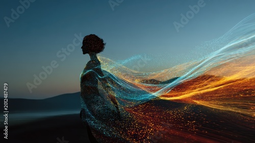 Silhouette of a woman with flowing, multicolored digital particles extending from her body at sunset.
