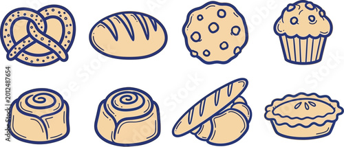 Konstfotografi Bakery icons with various sweet and savory breads and pastries