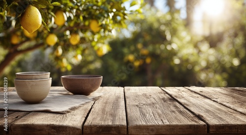 Sun-drenched lemon tree overlooks rustic wooden table with ceramic bowls