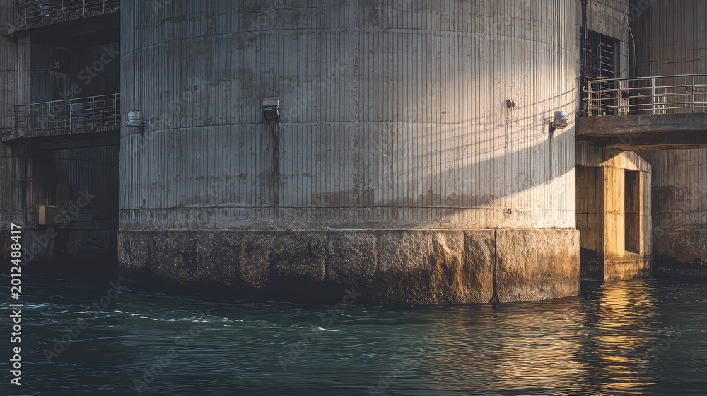 Obraz premium Concrete brutalist architecture forming a large industrial structure with a lower section immersed in flowing water, featuring strong shadows and direct sunset light across its textured surface
