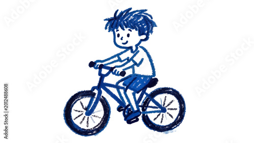 Blue crayon drawing of a boy riding a bicycle, isolated on transparent background