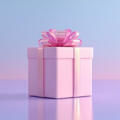 A soft pink gift box adorned with a shimmering pink bow sits on a reflective surface