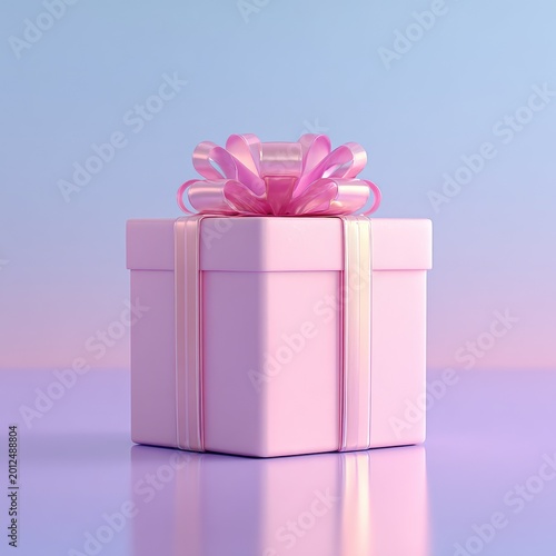 A soft pink gift box adorned with a shimmering pink bow sits on a reflective surface