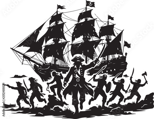 Pirate ship, sailing vessel, pirate crew, black silhouette, vector illustration, nautical icon, clip art