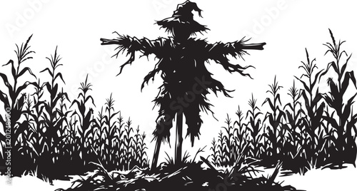 Scarecrow, straw man, cornfield silhouette, black vector icon, farm symbol