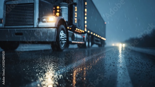 Cinematic freight truck driving on rainy highway with dramatic reflections.