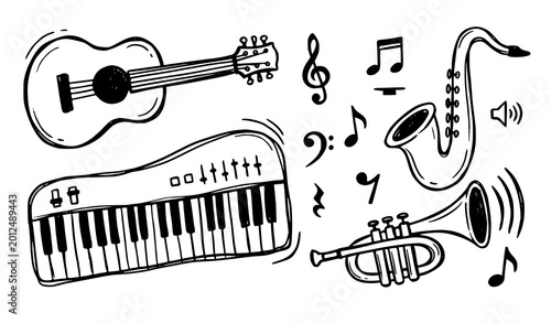 Photography Music instrument icon set black and white doodle vector