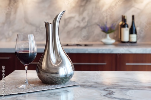 Wine decanter and glass of red wine on a marble countertop in a luxurious modern kitchen, suggesting elegance and fine dining