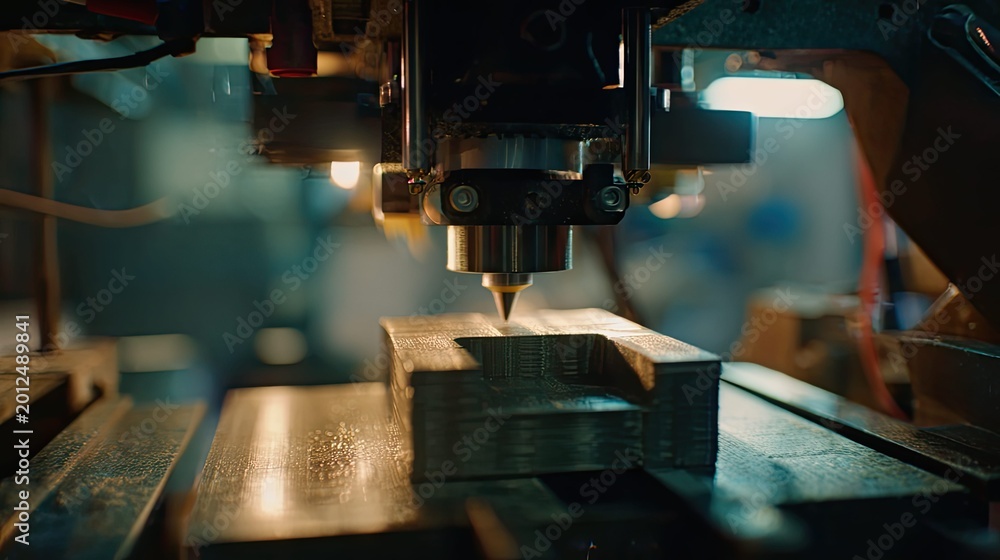 Fototapeta premium Automated cnc milling machine precisely carving a metal workpiece, shaping industrial components with advanced computer numerical control for high precision manufacturing and fabrication
