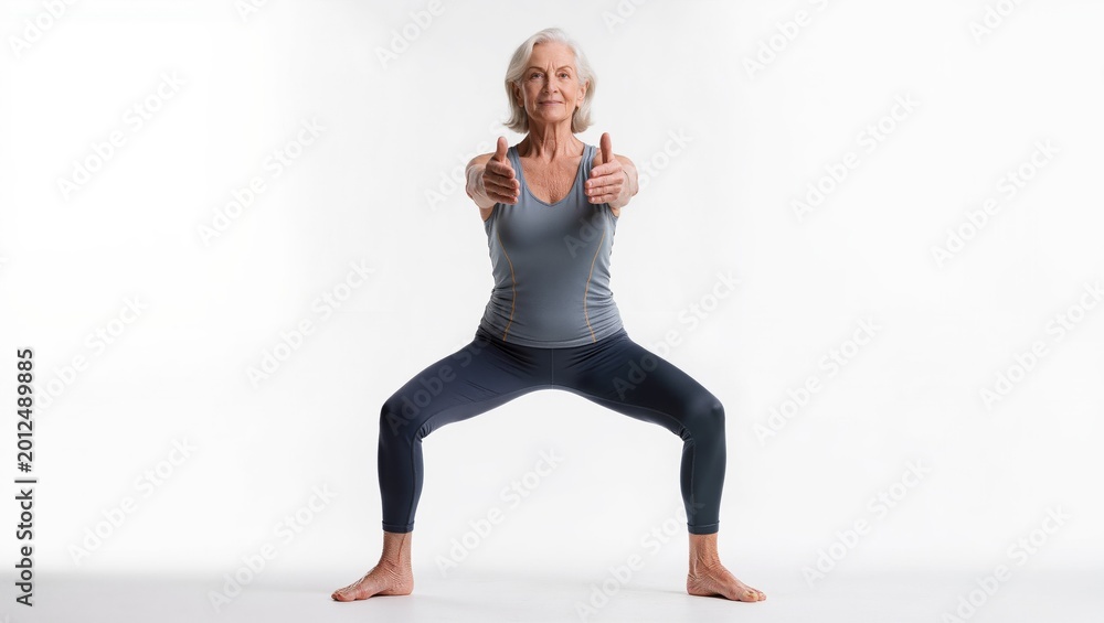 Obraz premium Senior woman practicing yoga isolated on white background