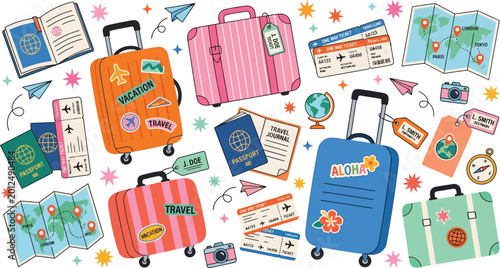 Global Travel and Vacation Essentials Vector Illustration