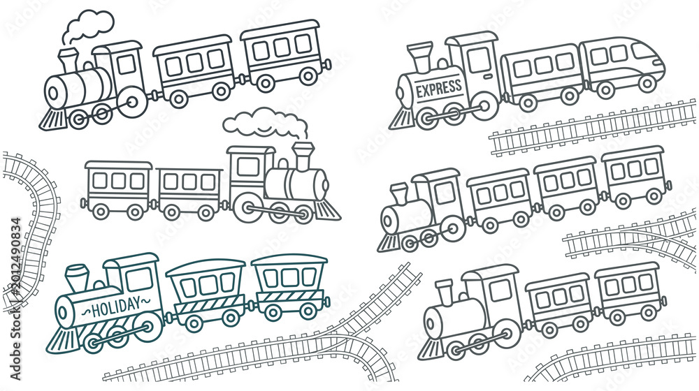 Naklejka premium Set of various steam and electric trains with tracks for children games.