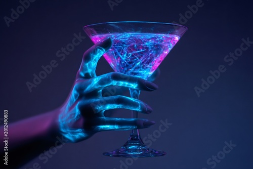 Hand with glowing skin holding a martini glass filled with vibrant neon liquid, creating a futuristic party atmosphere
