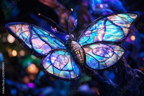 Intricate glowing mechanical butterfly showcasing reflective iridescent wings, creating a futuristic fantasy aesthetic against a dark background