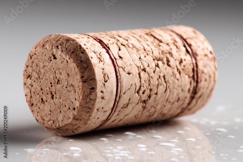 Synthetic wine cork design, showing porous texture and red lines, resting on a wet surface with water droplets