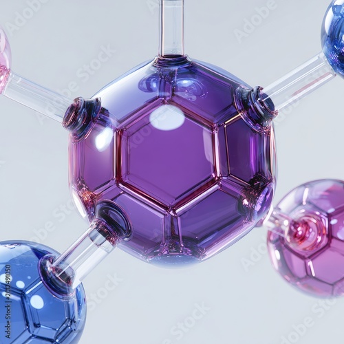 Close-up of glowing purple and blue hexagonal molecule cluster, liquid inside