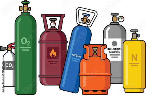 Foto Collection of various industrial gas cylinders including oxygen, argon, nitrogen, carbon dioxide, flammable gas, and industrial mixtures in flat vector style isolated on white background