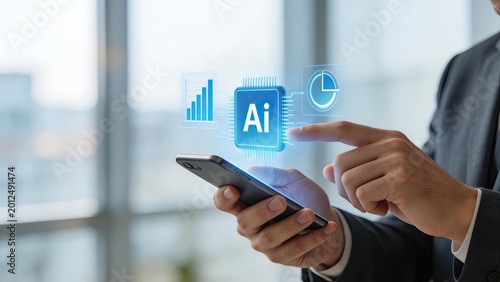 Businessman using smartphone with AI technology artificial intelligence concept digital transformation business innovation data analysis automation future tech corporate strategy