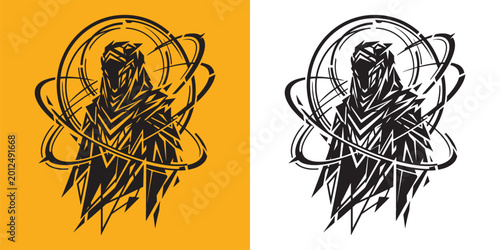 Foto Abstract Geometric Hooded Assassin Cyberpunk Silhouette