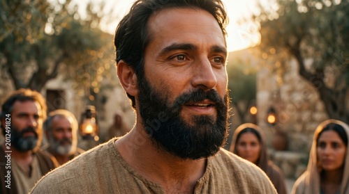 Apostle Paul preaching the gospel to a group of disciples in an ancient village. Biblical historical reenactment of early church ministry and faith. Religious scene in sunlight.