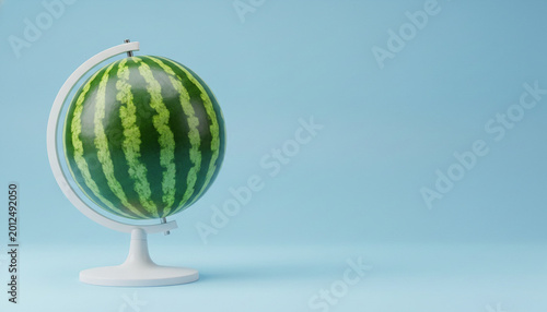 A green watermelon on a white globe stand against a soft blue background, symbolizing global summer or organic food concepts