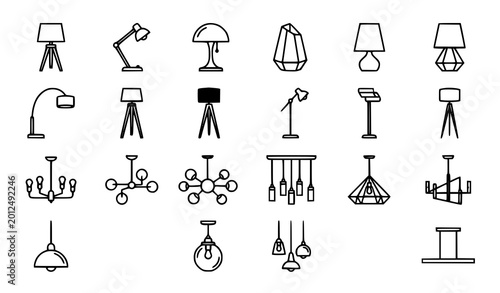 Photos Interior lighting icon set black and white lamp vector